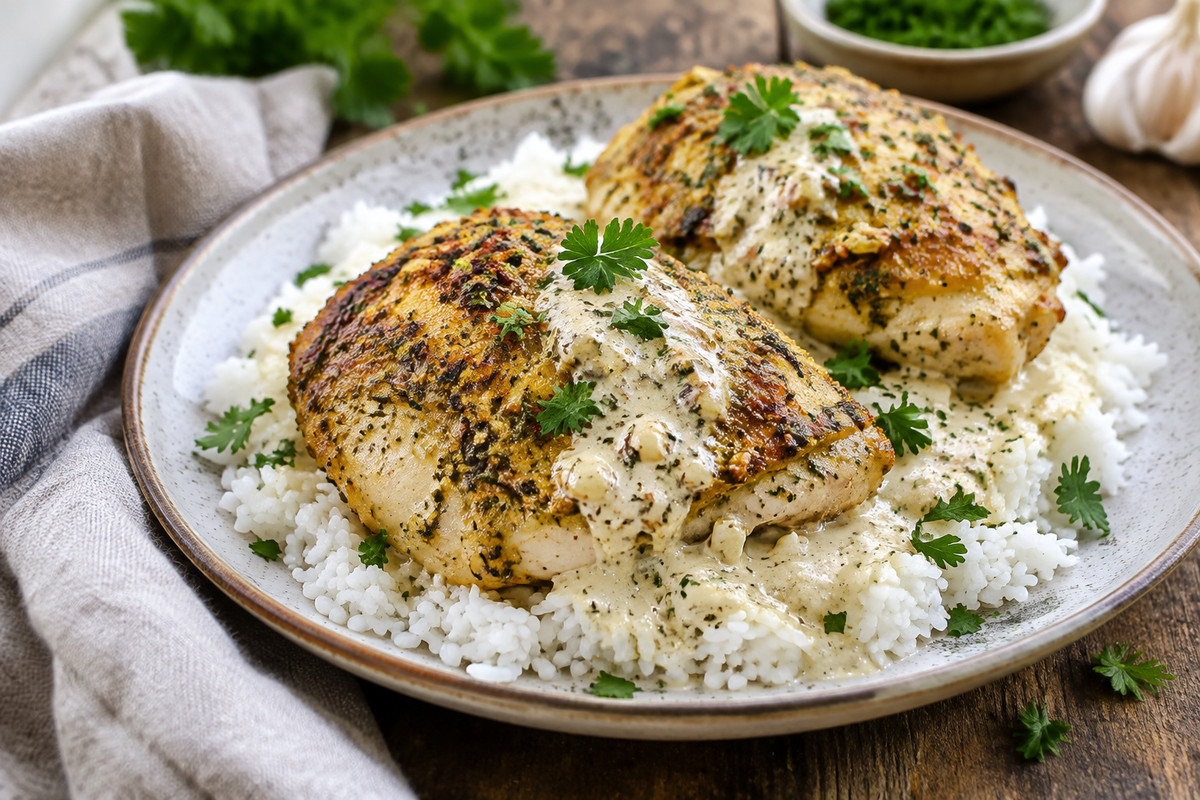Herb-crusted chicken thighs in creamy garlic sauce served with fluffy rice and fresh parsley garnish