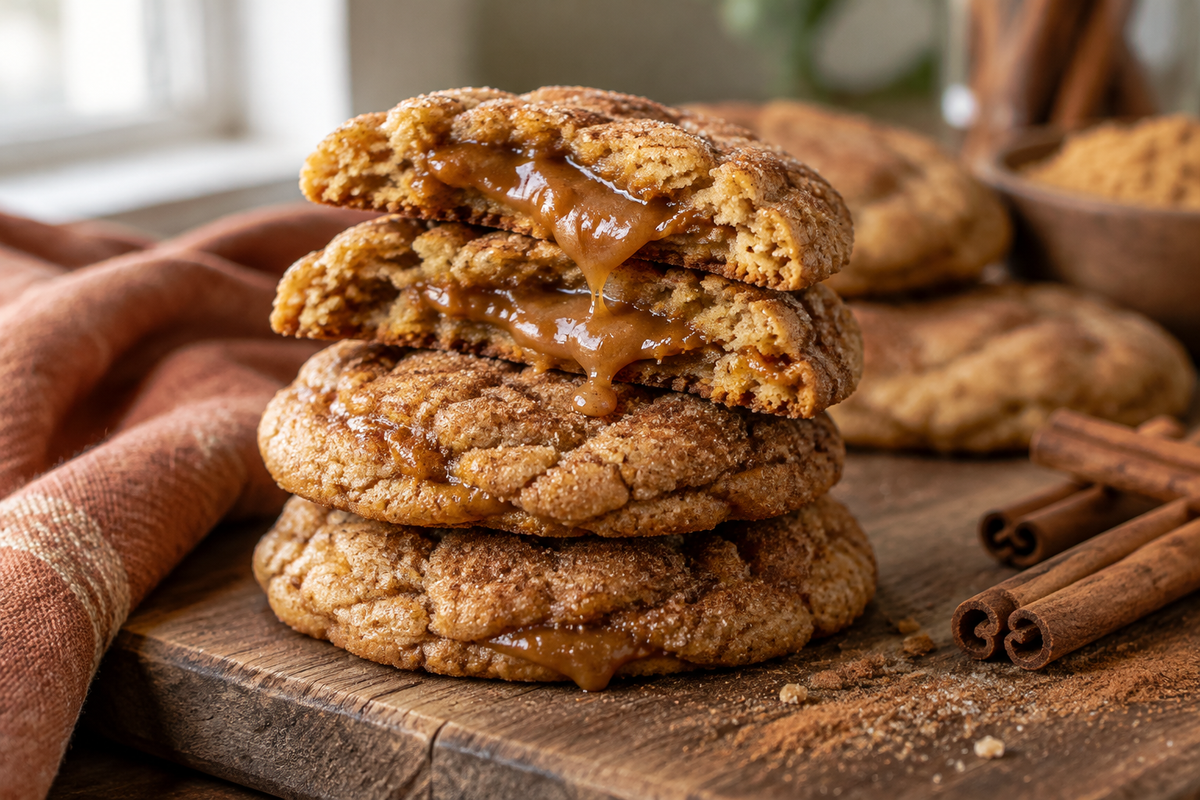 Gooey brown sugar caramel cookies with cinnamon and caramel oozing from the center