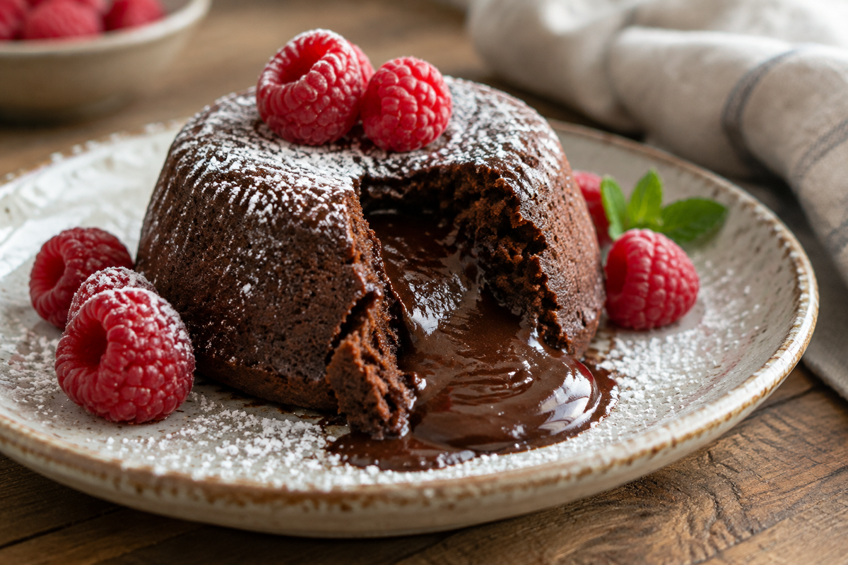gooey chocolate lava cake with molten center garnished with powdered sugar and raspberries