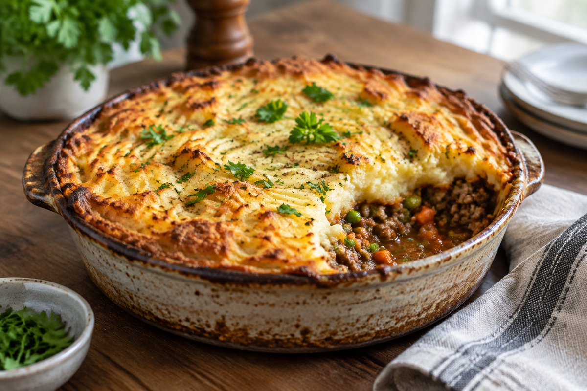 Gordon Ramsay’s classic shepherd's pie with golden mashed potato topping and fresh parsley garnish