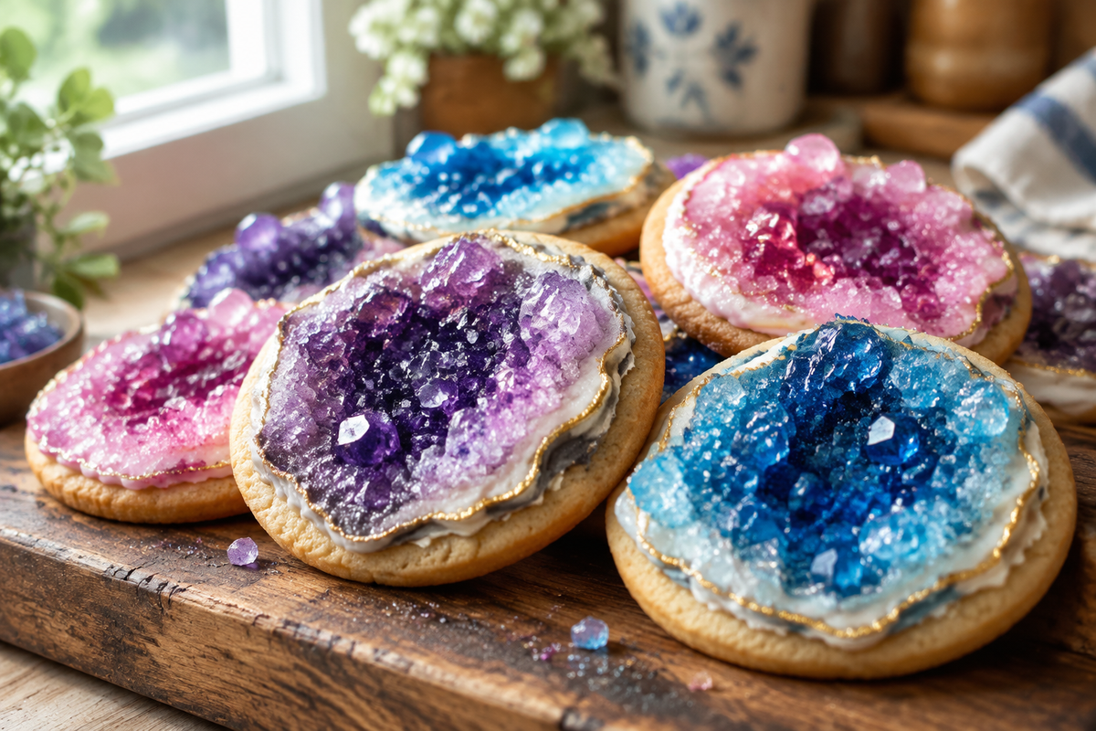 Gorgeous geode cookies with sparkling sugar crystals on rustic wooden board in natural light