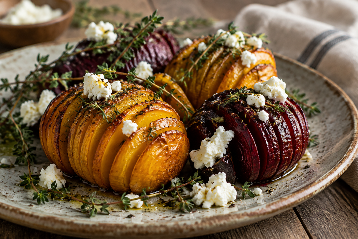 Gourmet hasselback beets garnished with thyme and goat cheese, a stunning dinner side dish