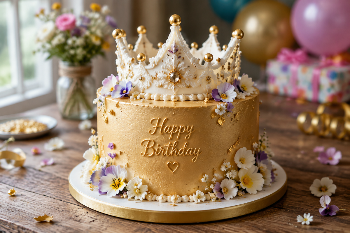 Moist and elegant crown birthday cake decorated with a white frosting crown, perfect crown birthday cake