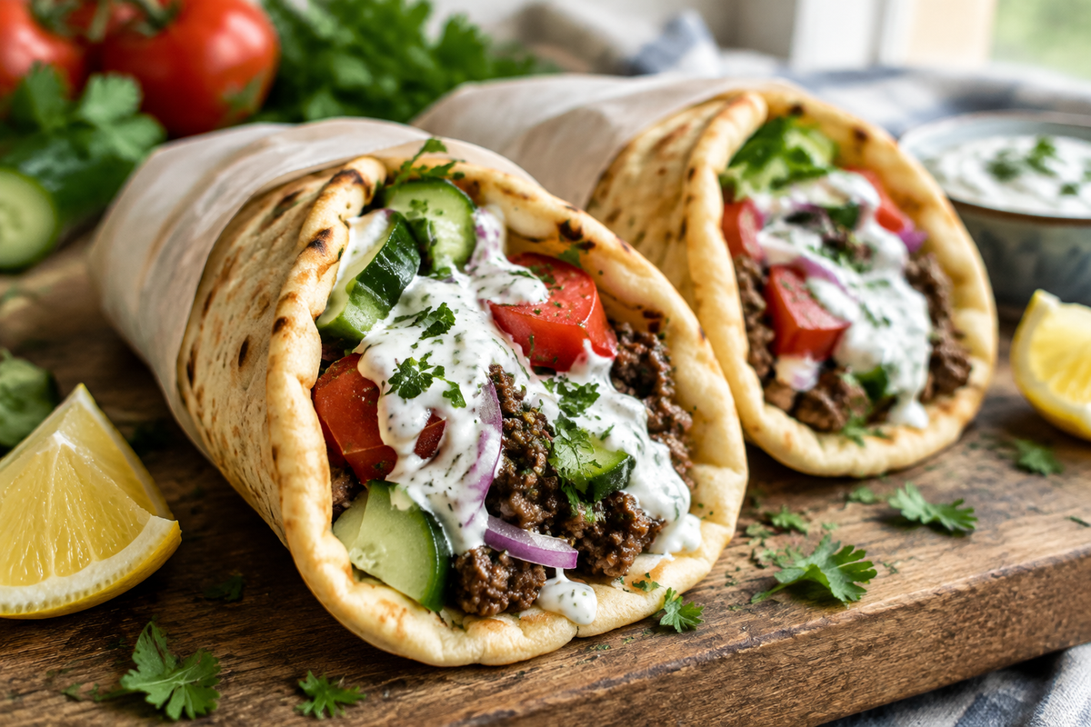 Greek beef wraps with garlic yogurt sauce on rustic wooden board, garnished with parsley and lemon, fresh and vibrant