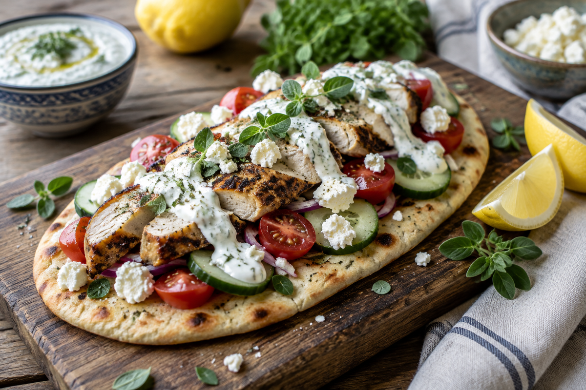 Greek chicken flatbread topped with grilled chicken, feta, tomatoes, and tzatziki sauce