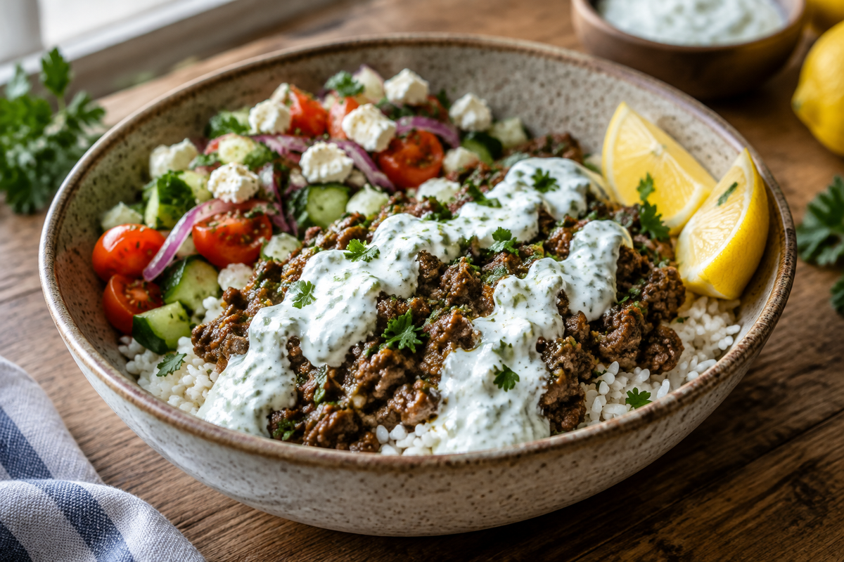 Greek ground beef rice bowl topped with creamy tzatziki and fresh parsley garnish