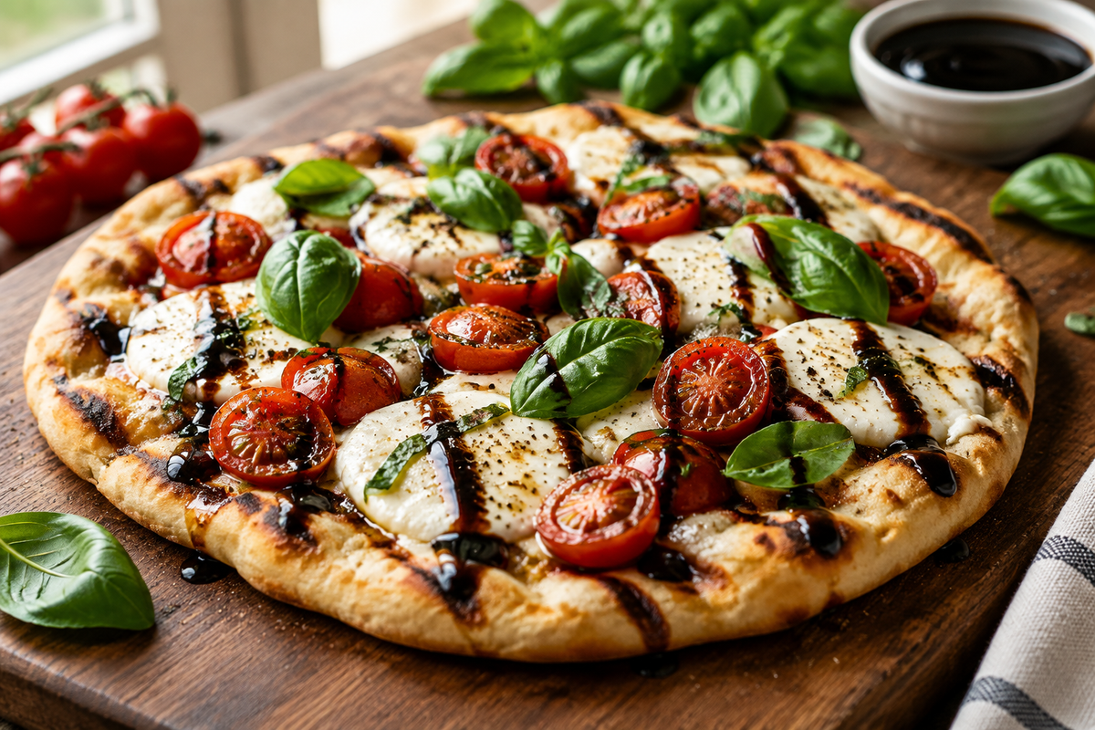 Grilled caprese naan pizza topped with fresh mozzarella, basil, and balsamic drizzle