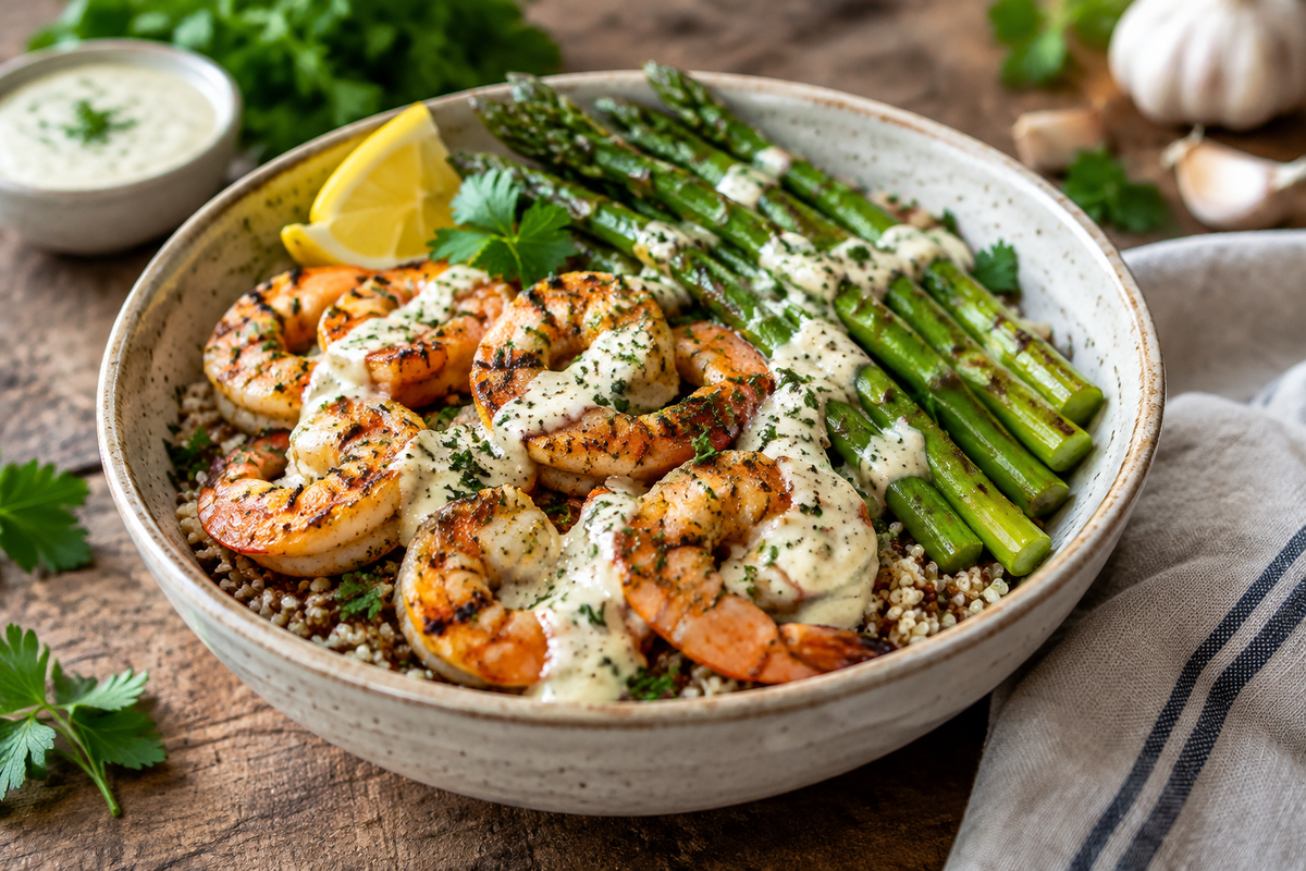 Grilled shrimp bowl with asparagus and creamy garlic sauce served in a bowl, featuring fresh grilled shrimp and green asparagus