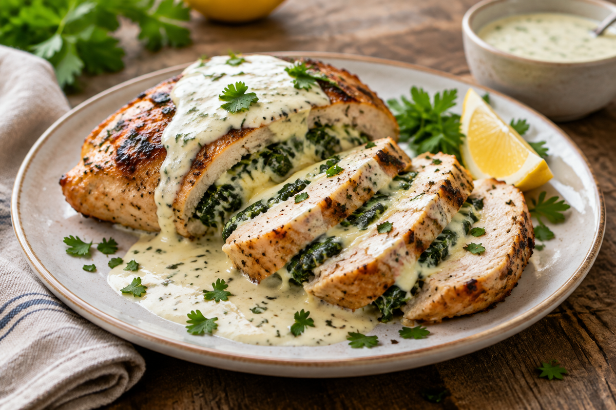 Grilled stuffed chicken breast with creamy sauce and spinach filling on rustic plate