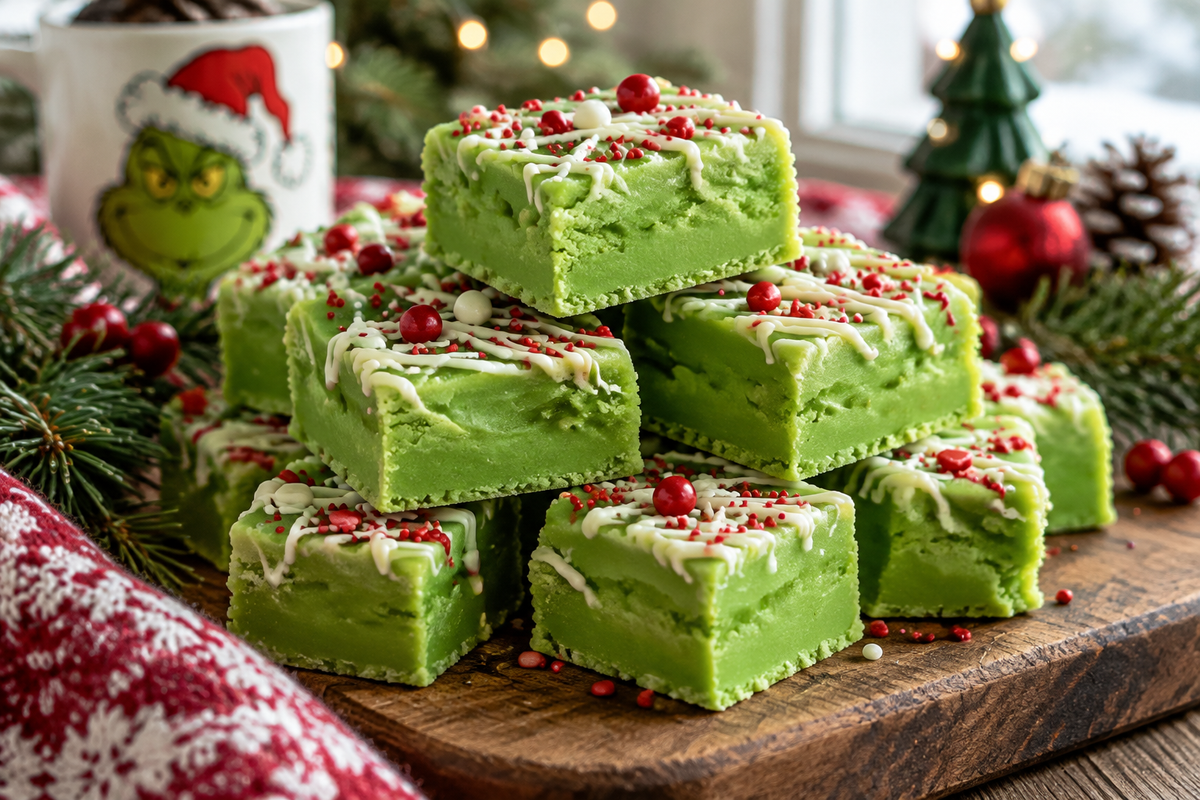 Sweet green Grinch fudge squares with white chocolate drizzle and red sprinkles, perfect holiday treat