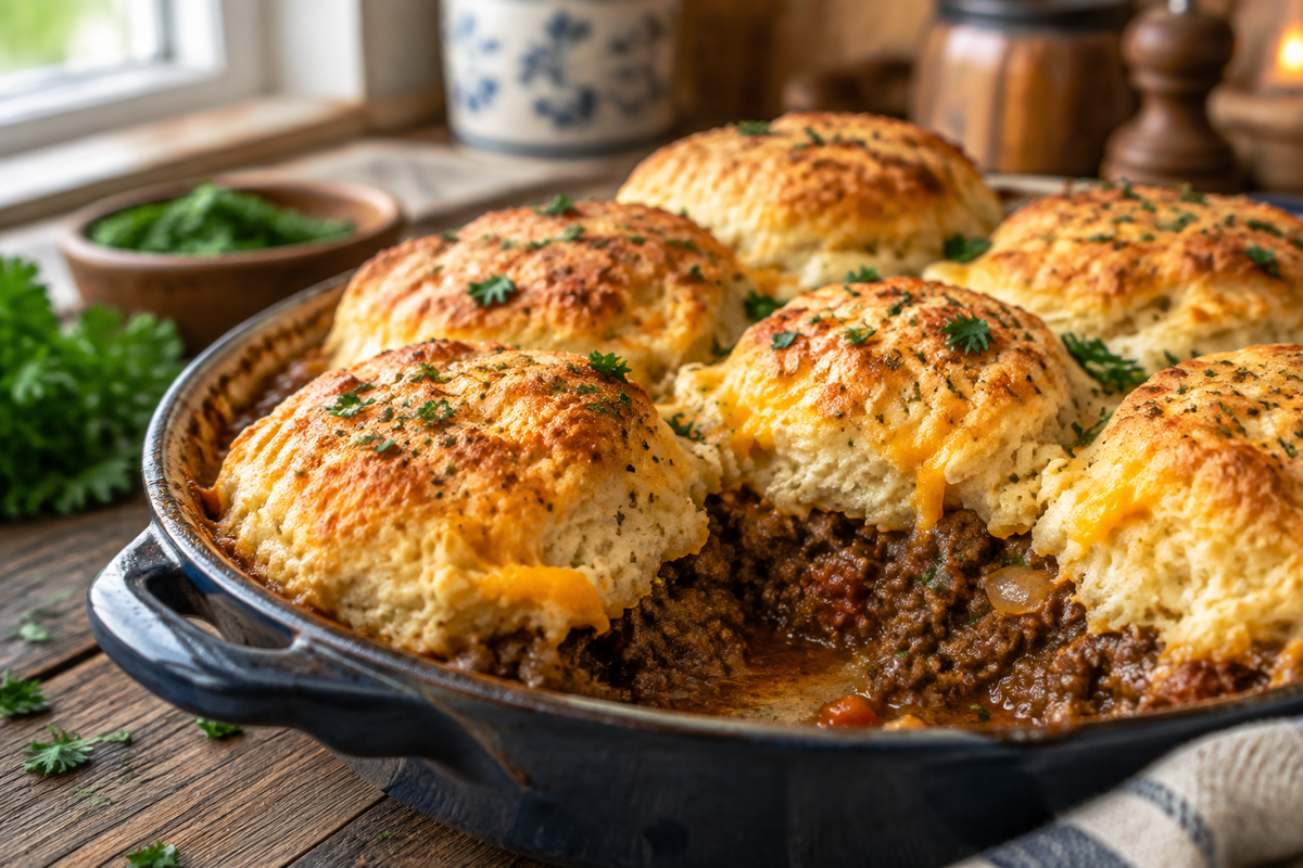 Hearty ground beef cobbler topped with golden cheddar bay biscuits comfort food
