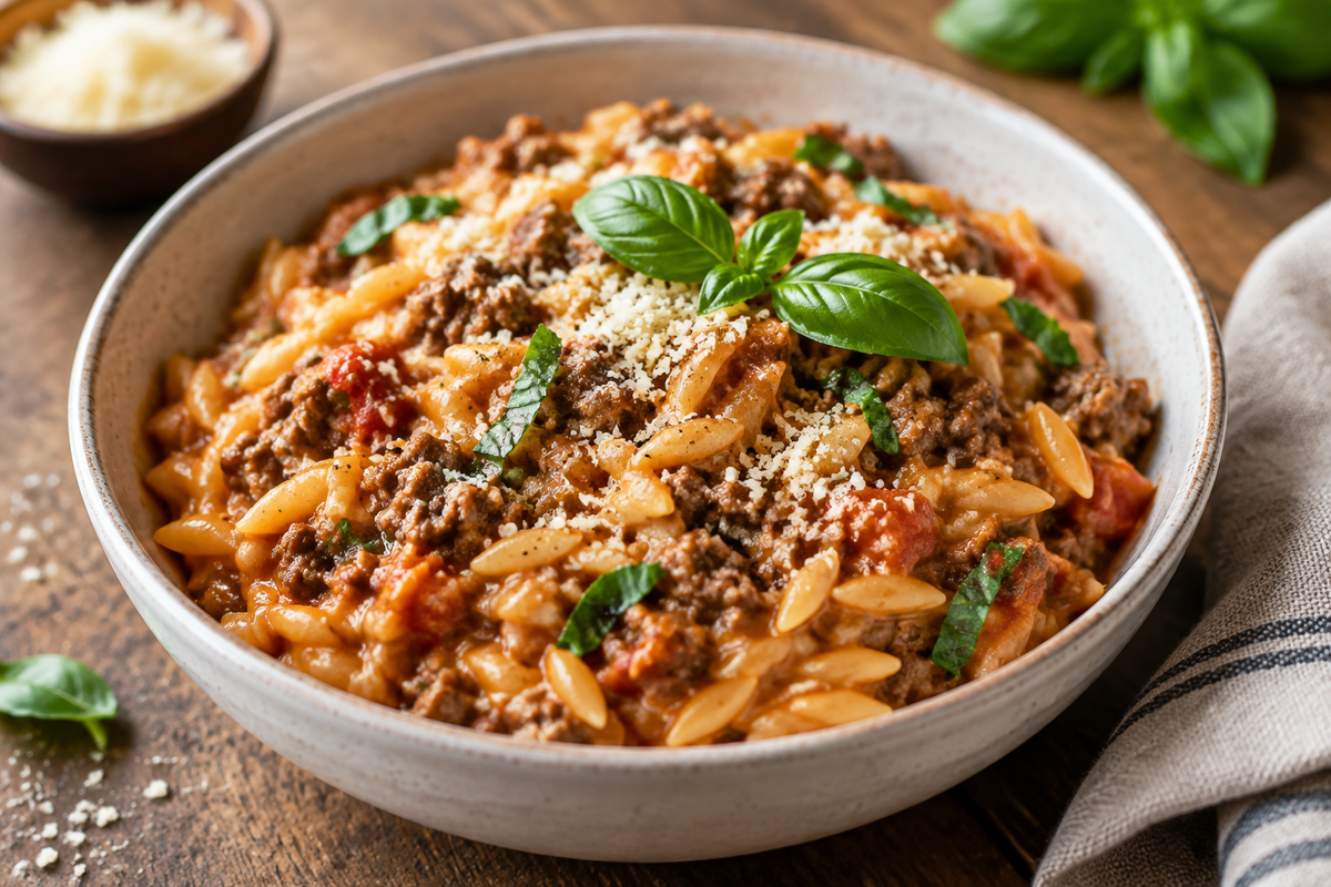 Ground beef orzo with tomato cream sauce garnished with basil and parmesan cheese
