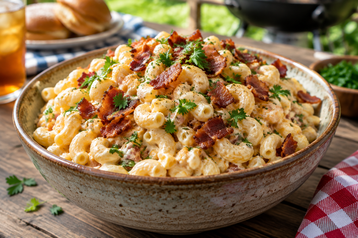Creamy mac-daddi-roni salad served in a rustic bowl, garnished with parsley and bacon, perfect for summer BBQ