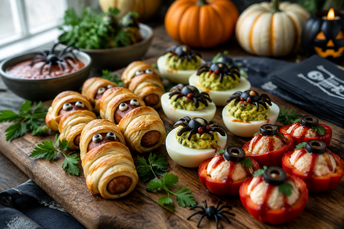 Halloween party appetizers on rustic board with festive Halloween decorations