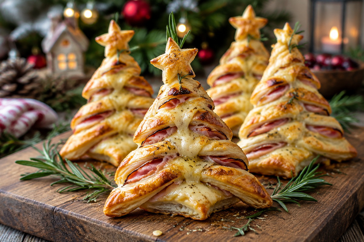 Ham cheese appetizer puff pastry Christmas trees on rustic board with rosemary garnish