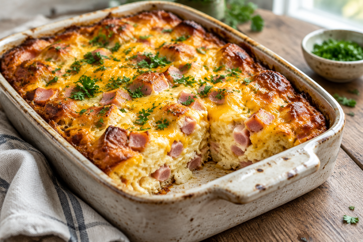 Golden baked ham egg cheese casserole garnished with parsley, quick and easy breakfast casserole