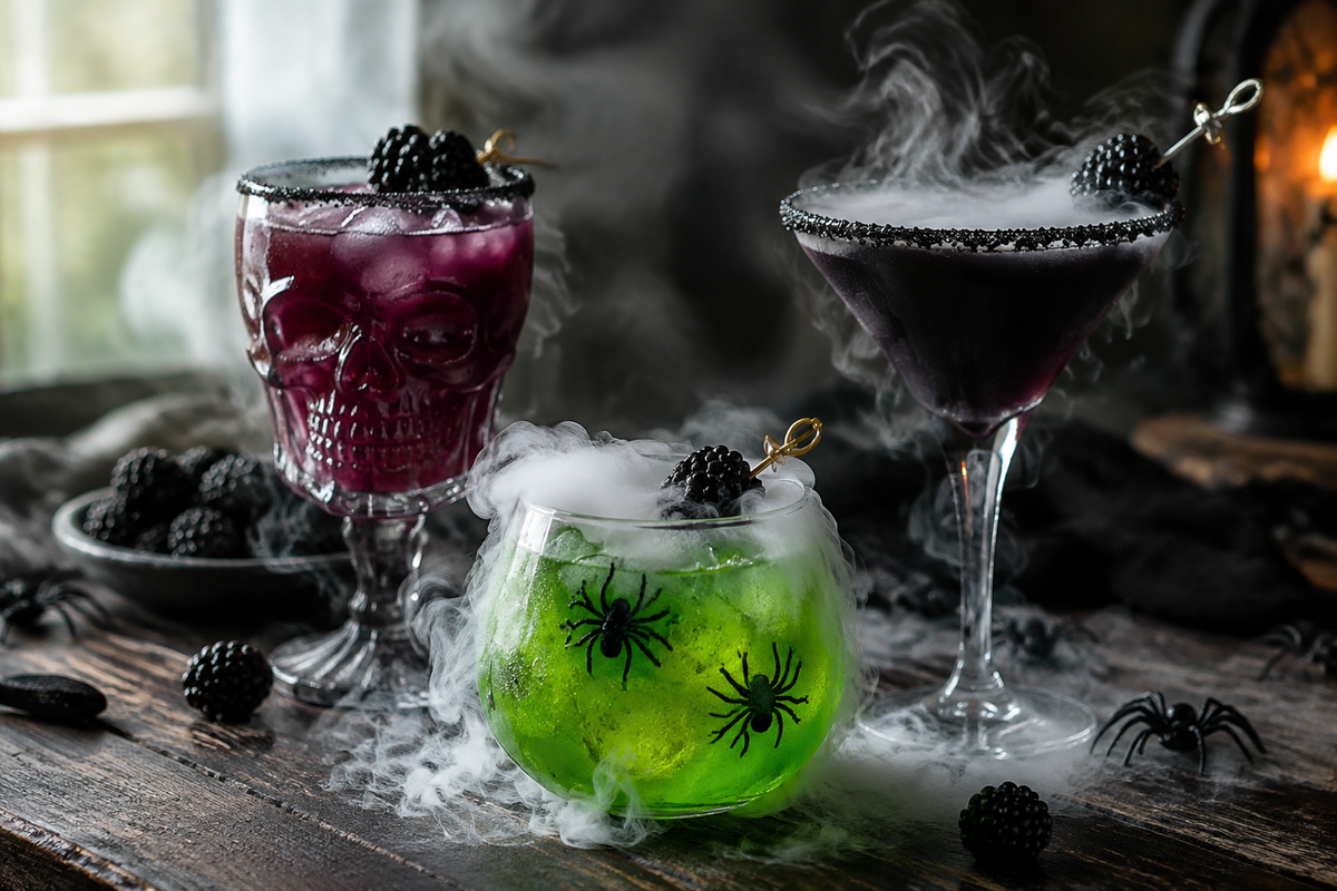 Three spooky halloween cocktails garnished and styled for haunted house halloween cocktails