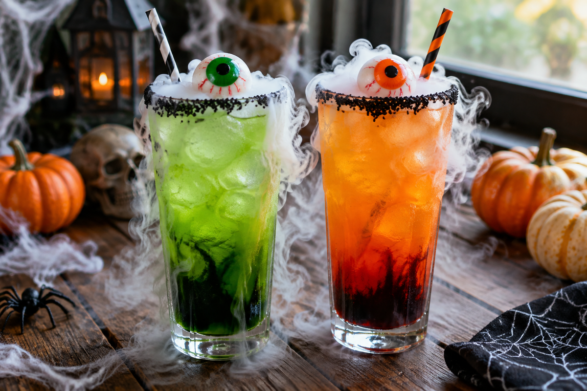 Two haunted house Halloween cocktails with green and orange layers, garnished with candy eyeballs and smoky dry ice fog, perfect halloween cocktails
