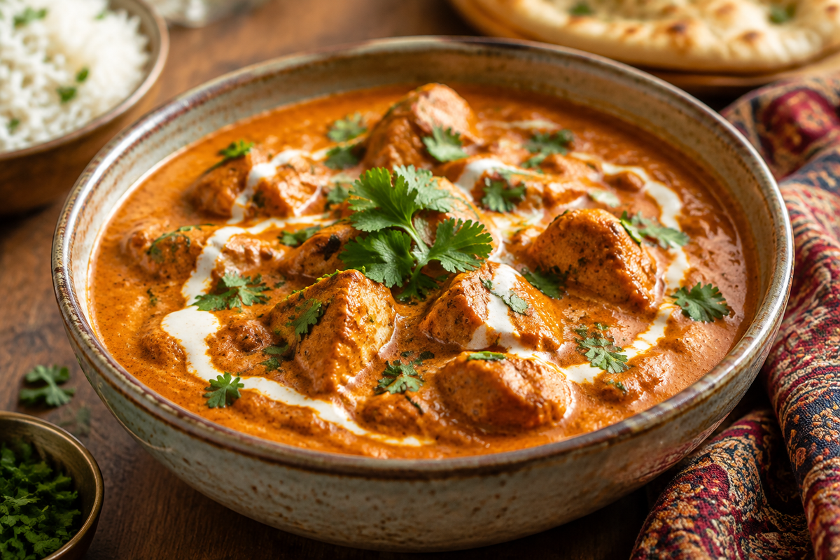 Hausgemachtes butter chicken served in bowl garnished with cilantro and cream