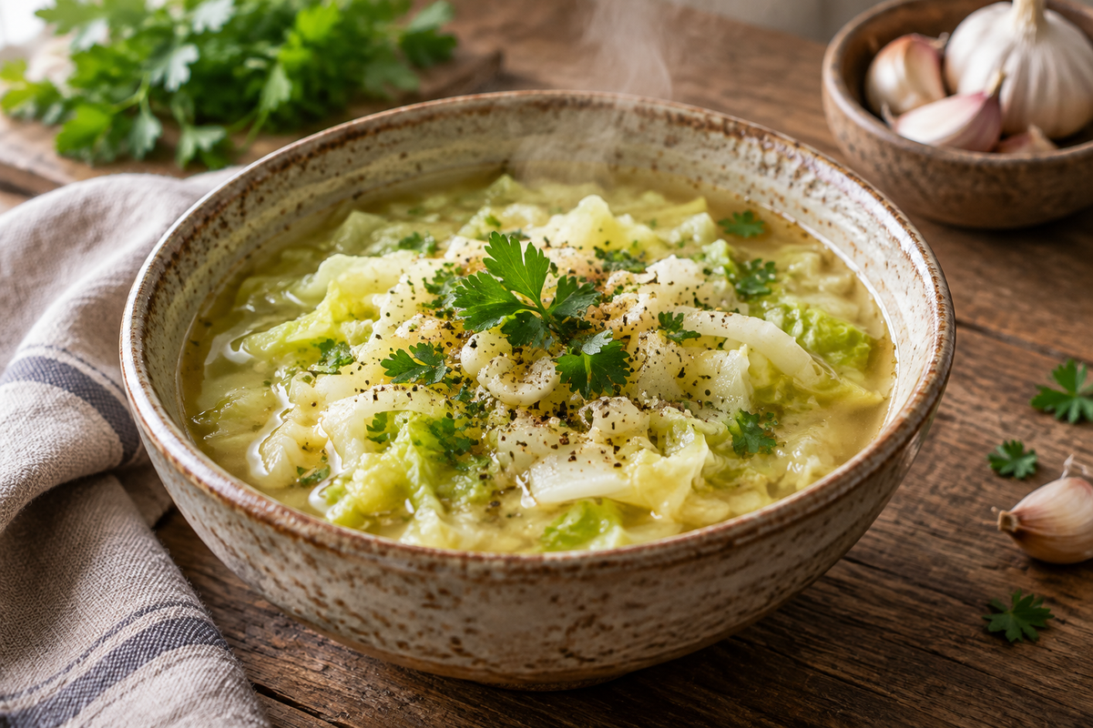 Hearty bowl of garlicky cabbage soup garnished with fresh parsley, showcasing garlicky cabbage soup