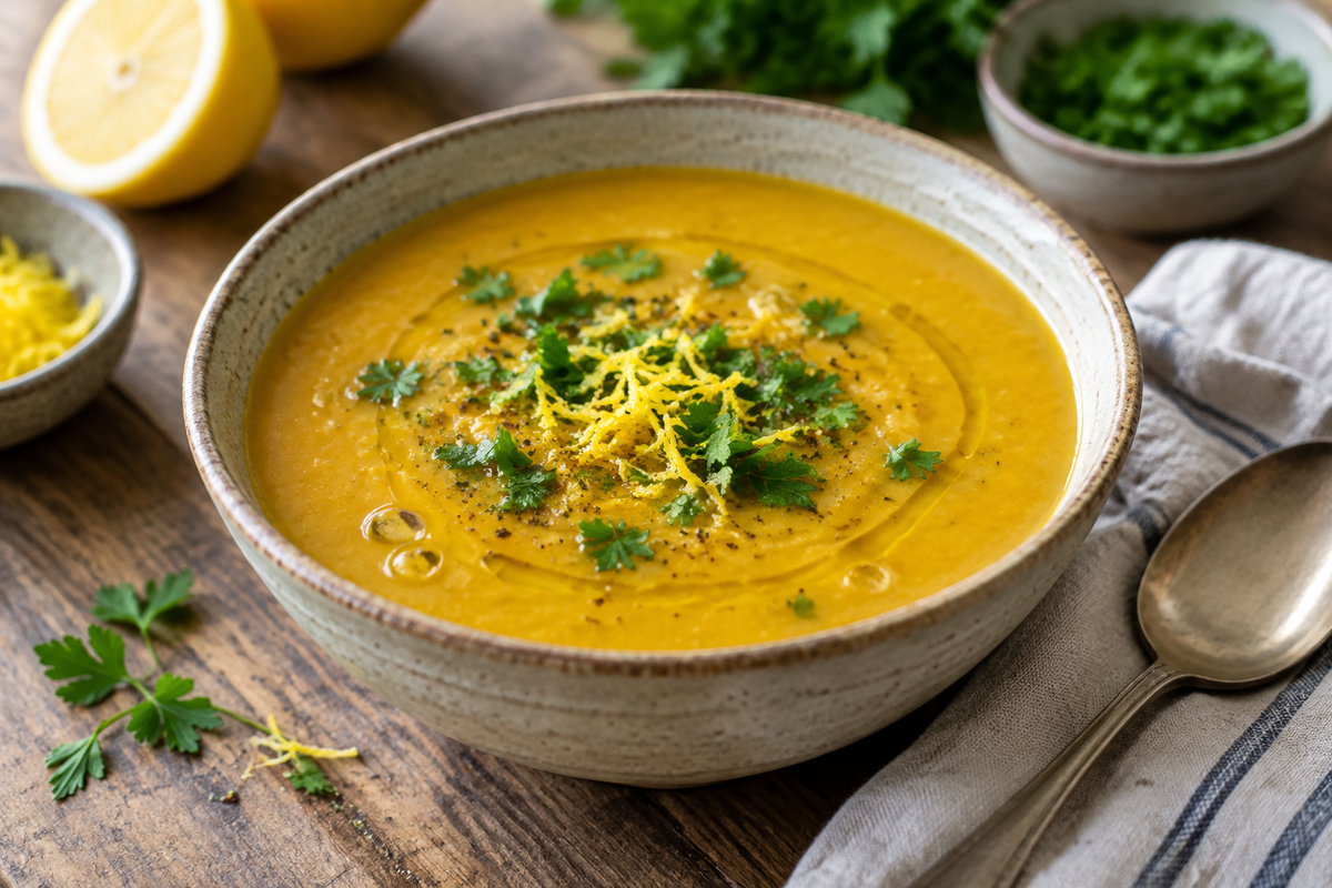 Golden lemon lentil soup in a bowl garnished with lemon zest and parsley, showcasing anti-inflammatory ingredients