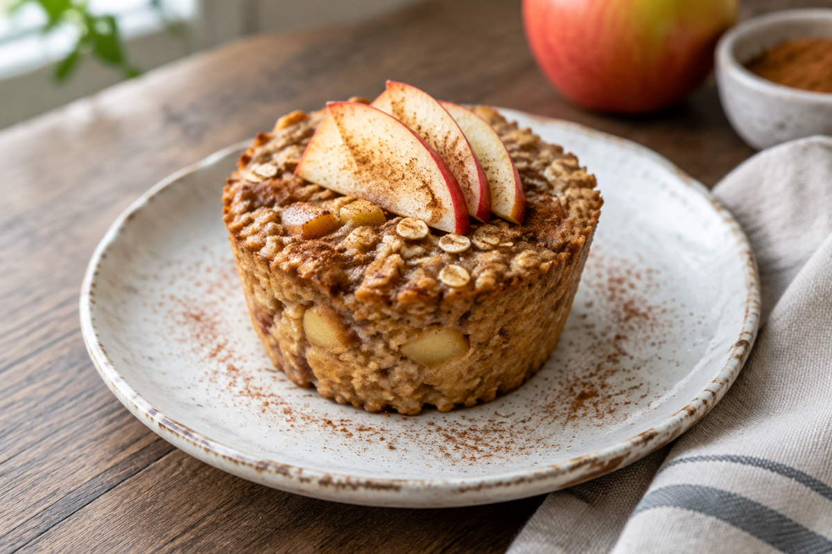 Deliciously healthy apple cinnamon oatmeal cups on a white plate with cinnamon garnish