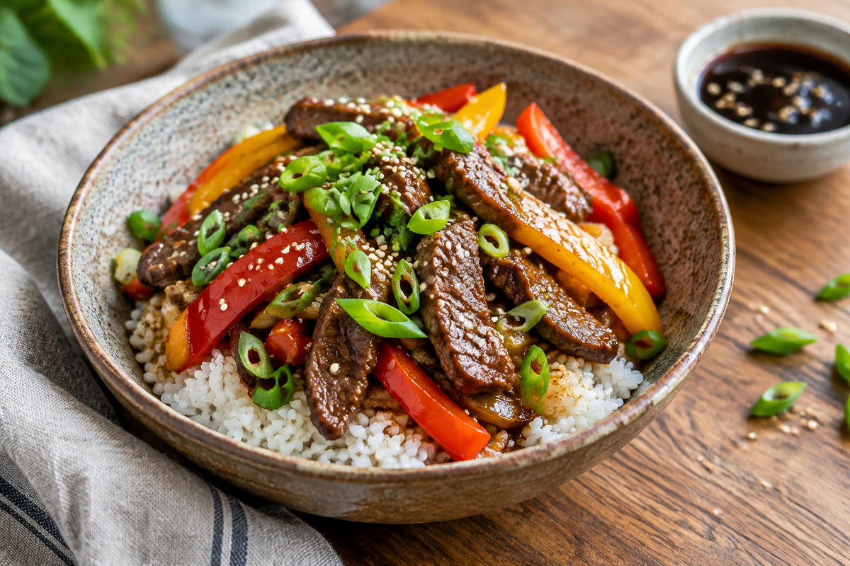 Healthy beef rice bowl with colorful peppers, garnished with green onions and sesame seeds