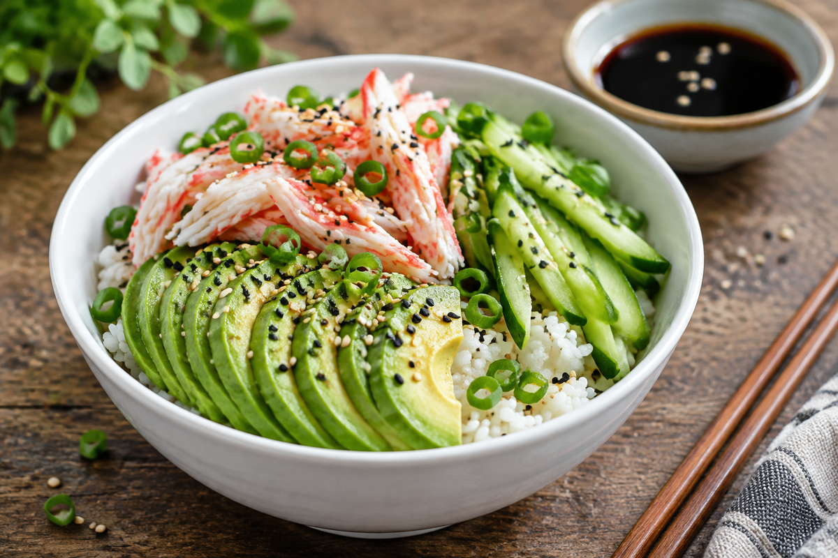 Healthy California roll sushi bowls with avocado, cucumber, crab, and sesame seeds in a white bowl