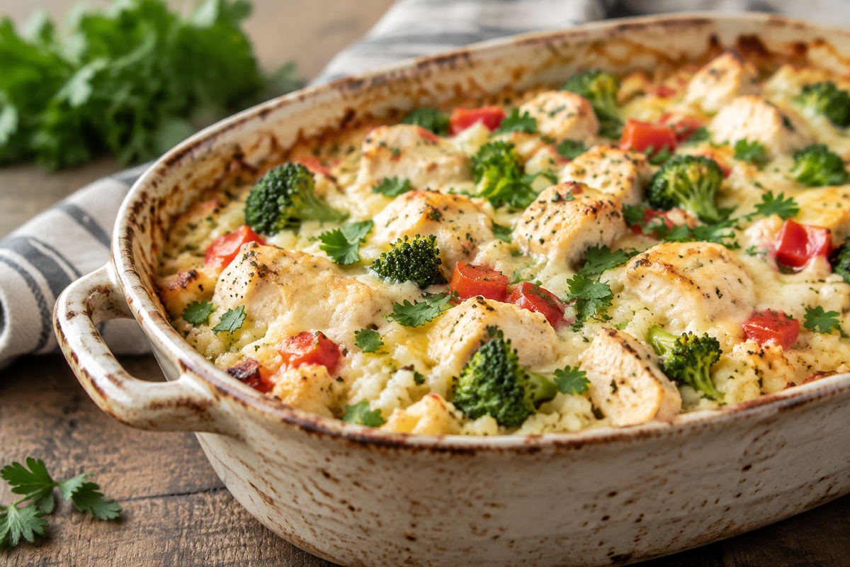 Healthy chicken cauliflower rice casserole garnished with parsley in a rustic dish
