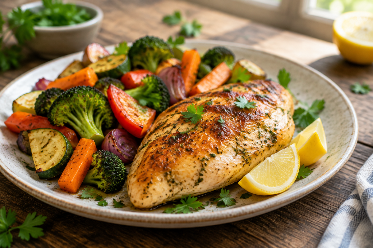 Healthy chicken favorites plated with roasted vegetables, fresh parsley garnish, and lemon wedges