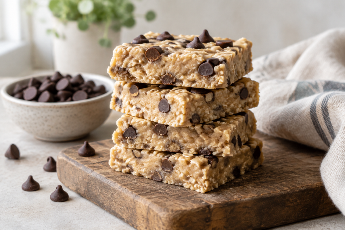 Healthy no bake cookie dough bars gluten-free vegan stacked on a rustic wooden board with chocolate chips