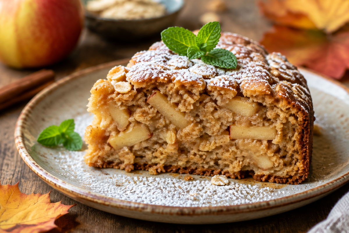 Slice of healthy oatmeal apple cake garnished with powdered sugar and mint on rustic plate