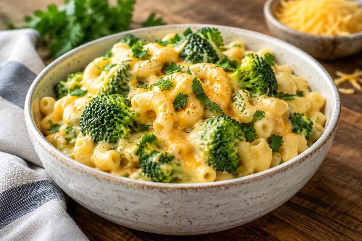 Healthy mac and cheese with broccoli served in a white bowl, creamy and cheesy with fresh parsley garnish