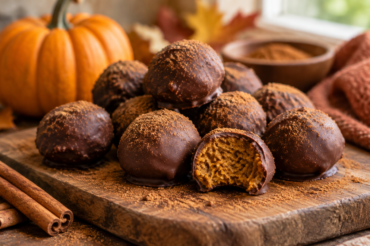 Healthy pumpkin truffles on rustic board garnished with cinnamon and pumpkin, healthy pumpkin truffles dessert
