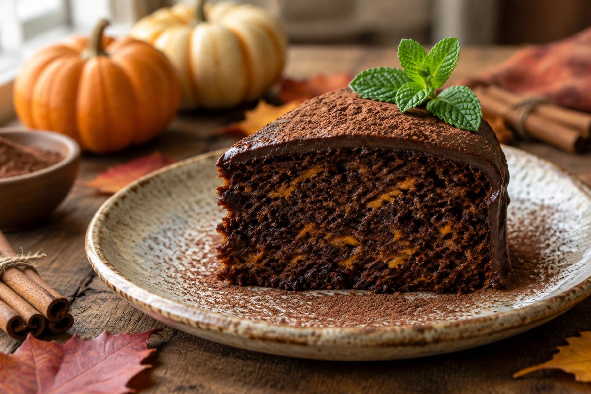 Slice of healthy sweet potato chocolate cake garnished with mint and cocoa powder