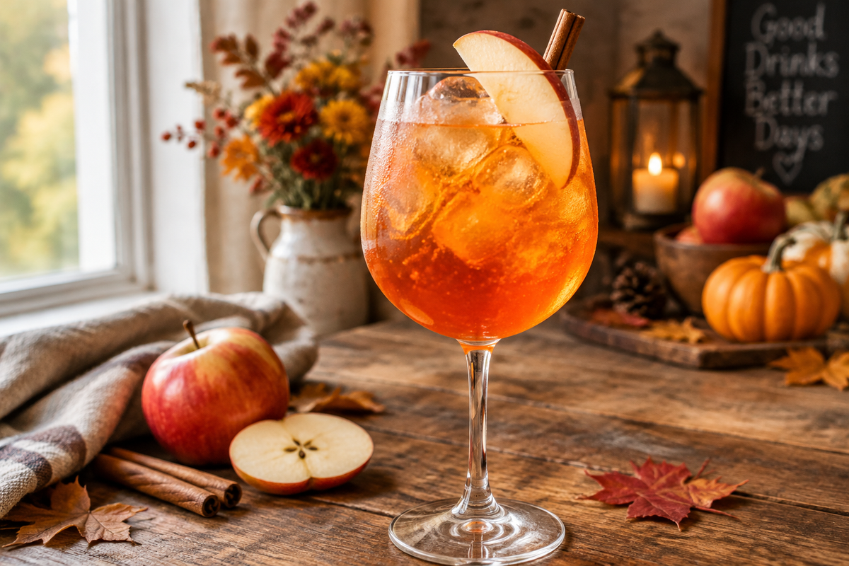 Hearty apple cider Aperol spritz garnished with apple slice and cinnamon stick in a clear glass