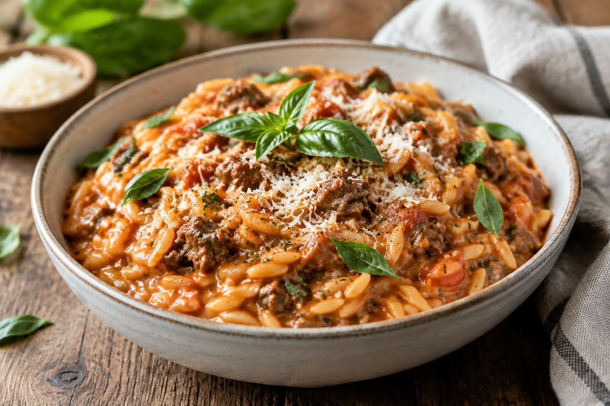 Beef orzo recipe with creamy tomato sauce garnished with fresh basil and Parmesan cheese