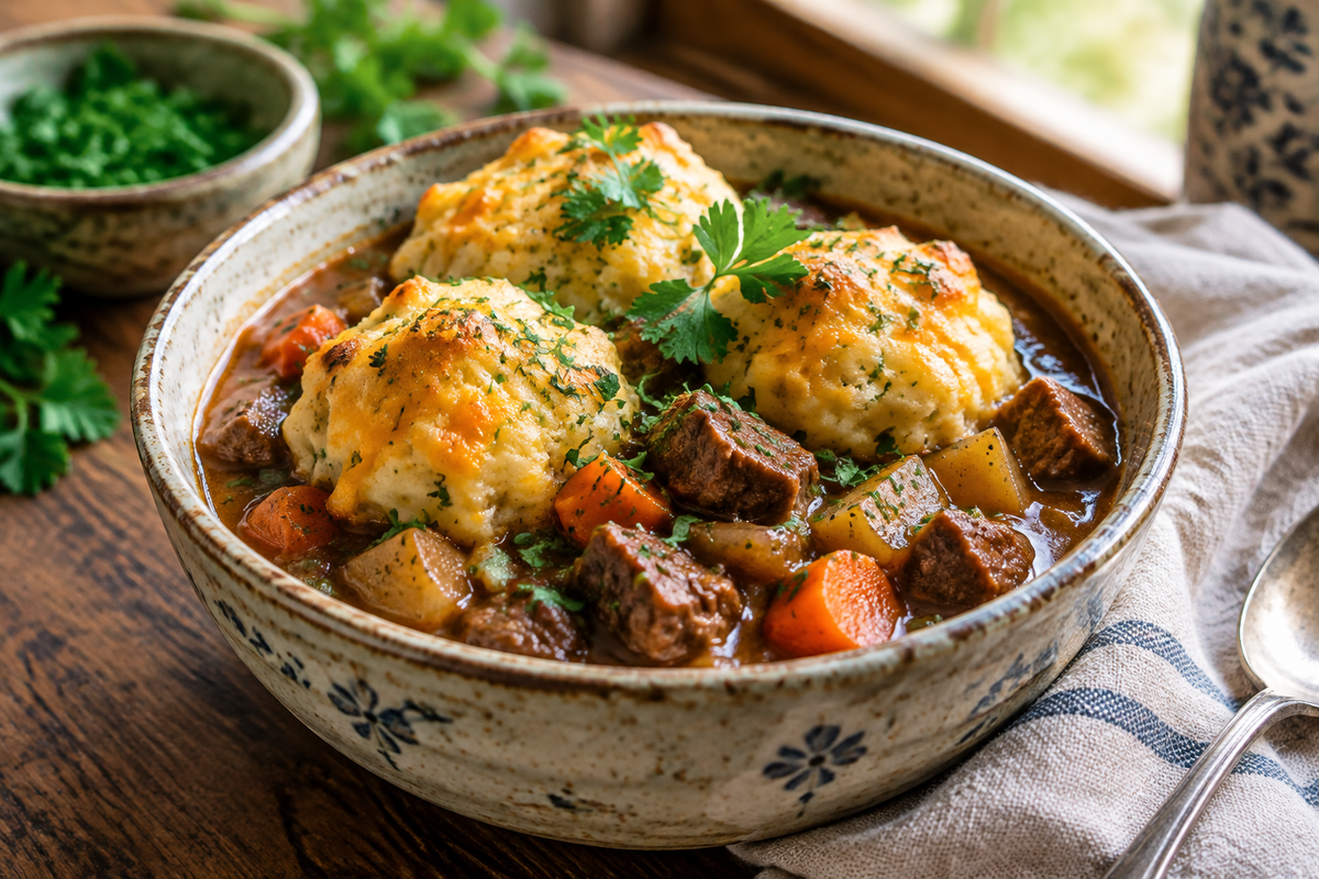 Hearty beef stew with cheddar herb dumplings in a rustic bowl garnished with fresh parsley
