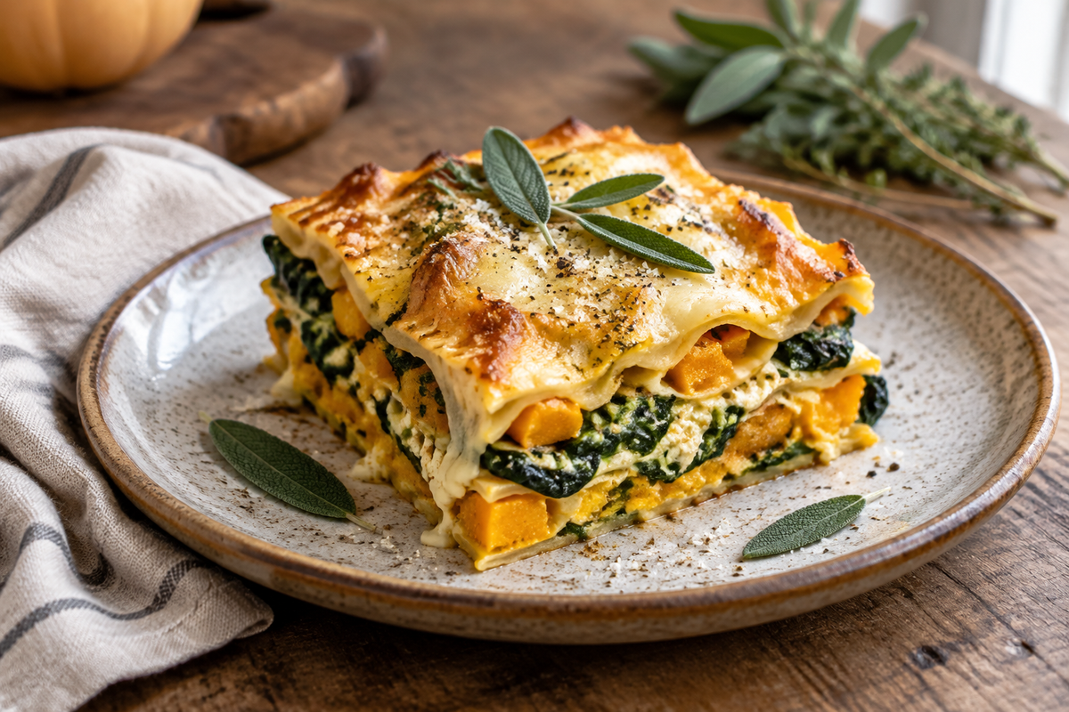 Hearty butternut squash lasagna slice with spinach and melted cheese, showcasing the butternut squash lasagna