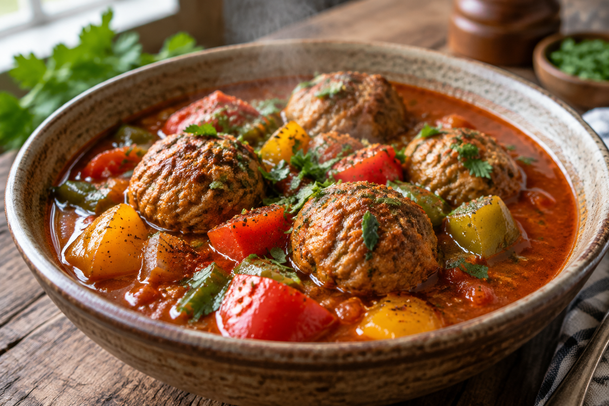 Bowl of cajun meatball stew with tender meatballs and vibrant vegetables in rich broth