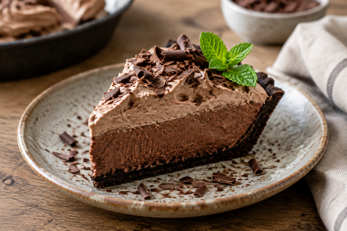 Slice of hearty chocolate french silk pie garnished with chocolate shavings and mint