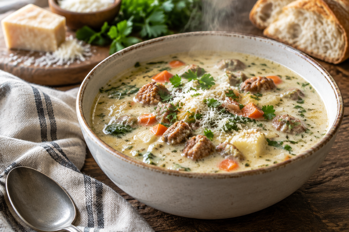 Hearty creamy parmesan sausage soup in a bowl garnished with parsley and parmesan cheese