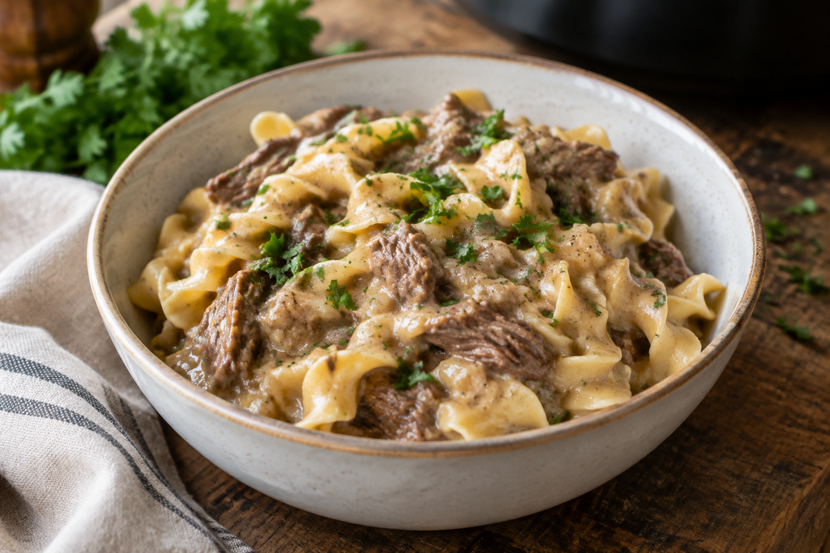 Bowl of creamy crockpot beef and noodles garnished with parsley, showcasing crockpot beef and noodles