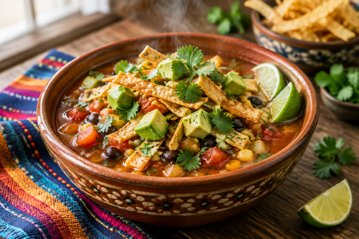 Hearty crockpot vegetarian tortilla soup garnished with tortilla strips and fresh avocado