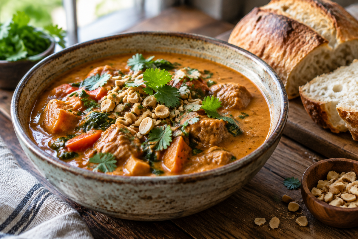 Bowl of African peanut stew garnished with cilantro and peanuts, showcasing the rich texture and color of the stew