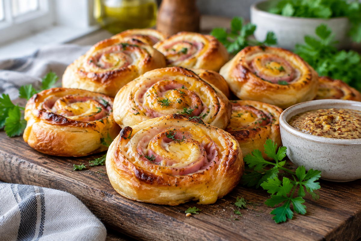 Golden hot ham and cheese pinwheels garnished with parsley on rustic board, hot ham and cheese