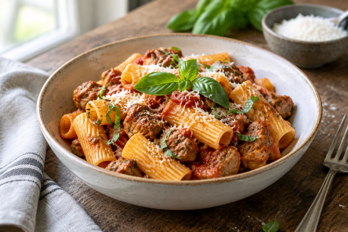 Hearty Italian sausage rigatoni pasta garnished with fresh basil and Parmesan cheese