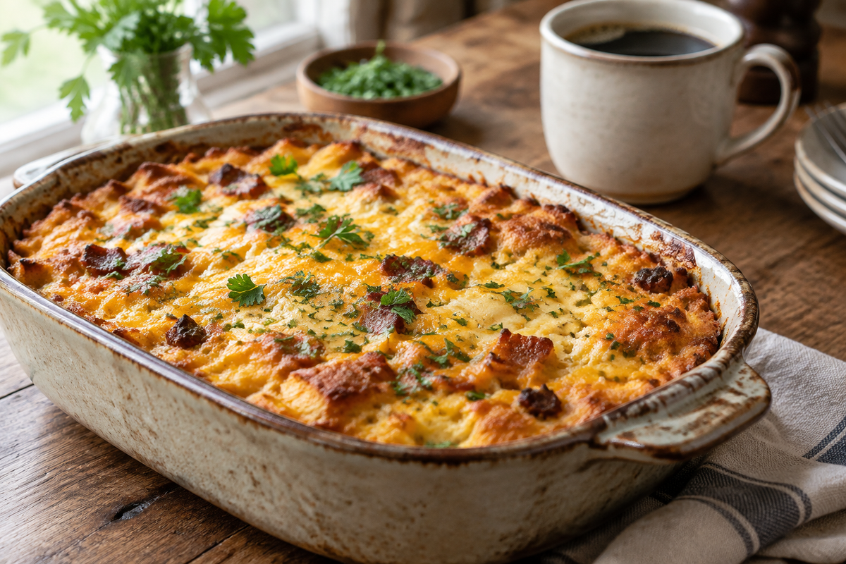 Hearty breakfast casserole with golden crust and fresh herbs, perfect breakfast casserole dish