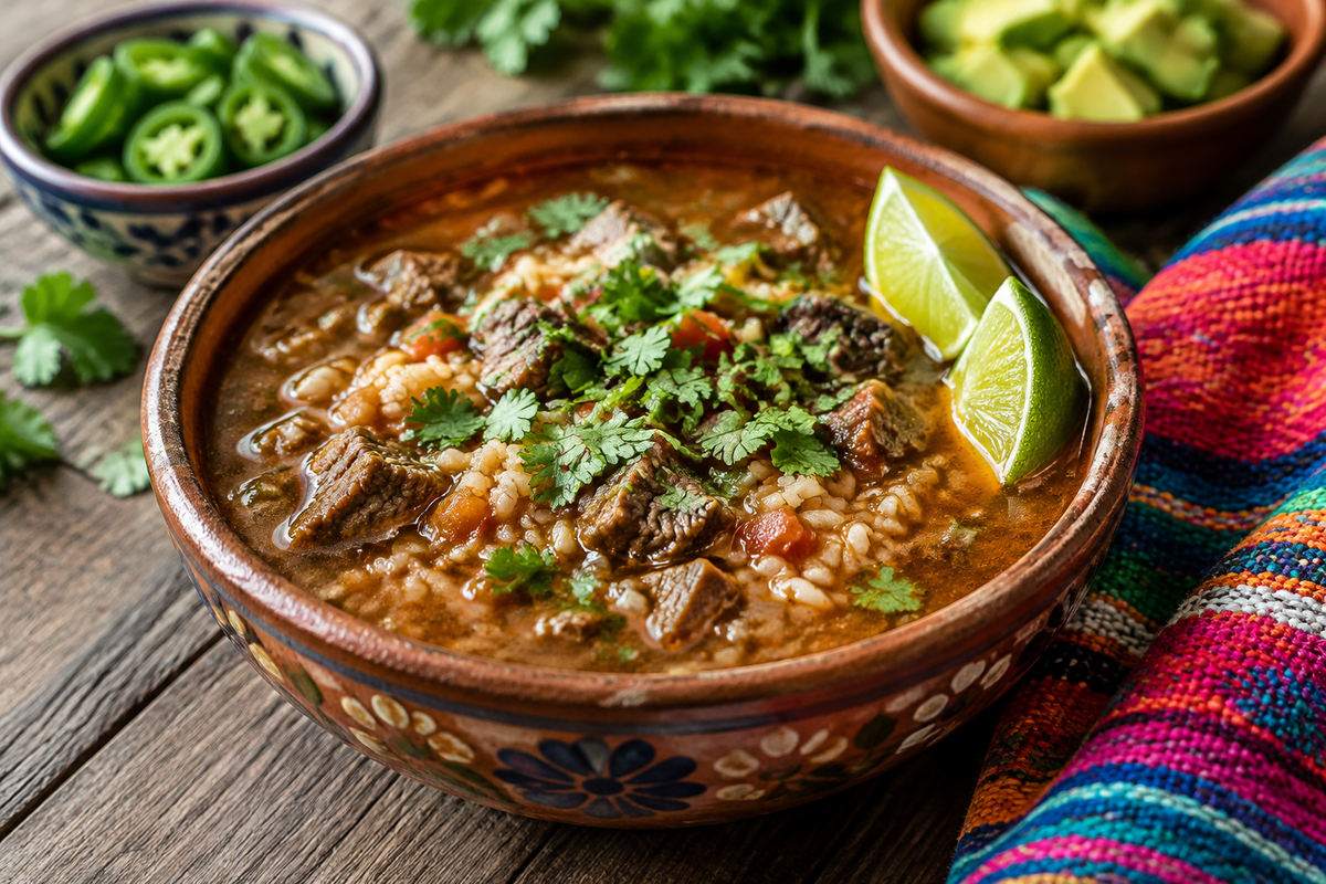 Bowl of Mexican beef rice soup garnished with cilantro and lime wedges, showcasing the hearty soup