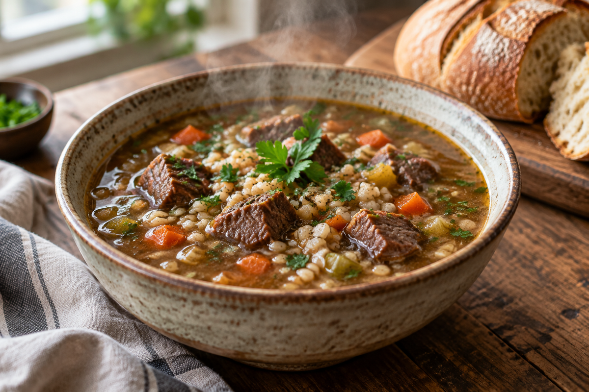Hearty bowl of beef barley soup with tender beef and vegetables, garnished with parsley